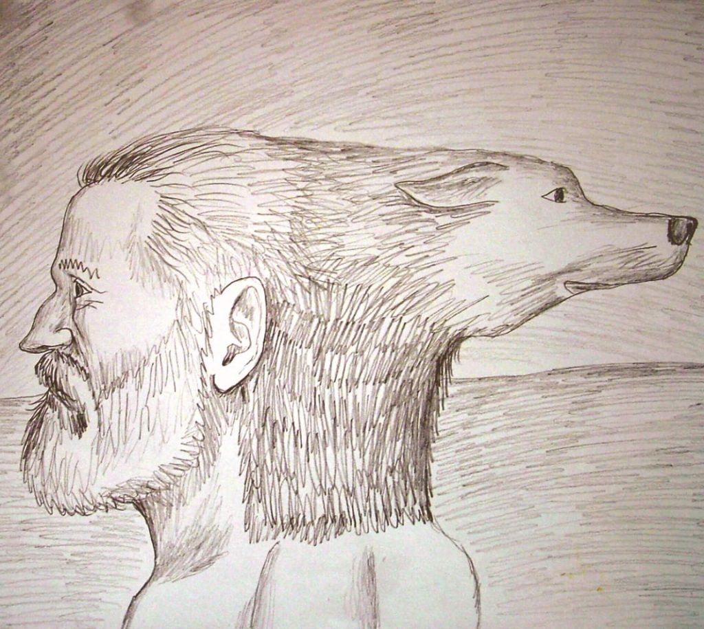 Rysunek wykonany ołówkiem przedstawiający brodatego mężczyznę z tyłem głowy połączonym z głową wilka
