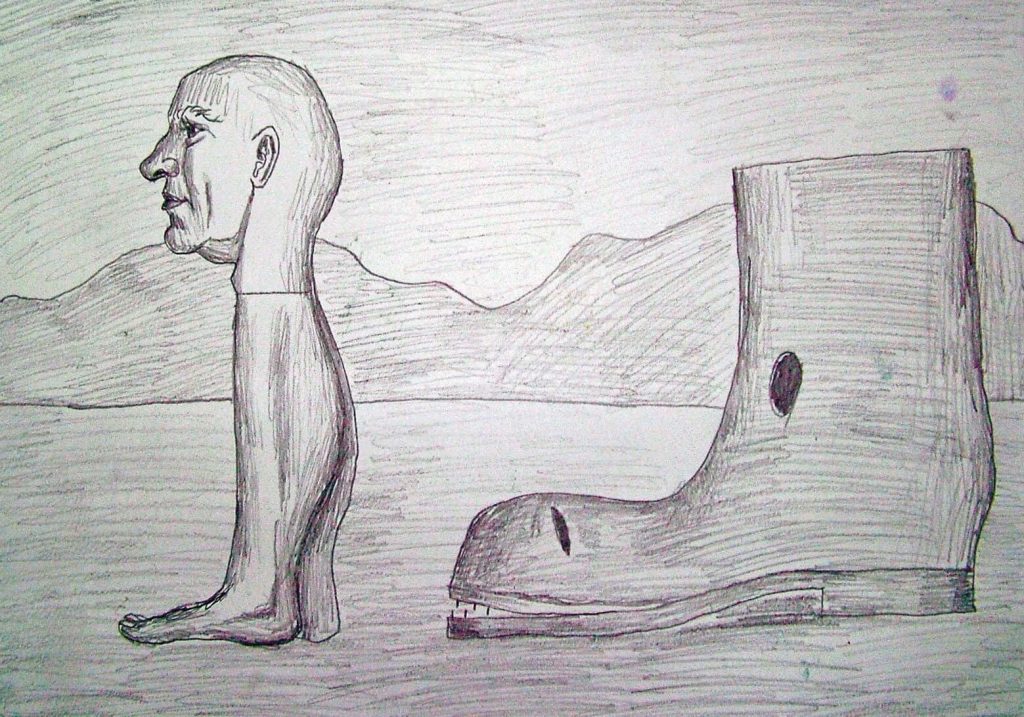 Rysunek wykonany ołówkiem przedstawiający człowieka z samą głową i nogami oraz but, który jest prawie tak wysoki jak ten człowiek