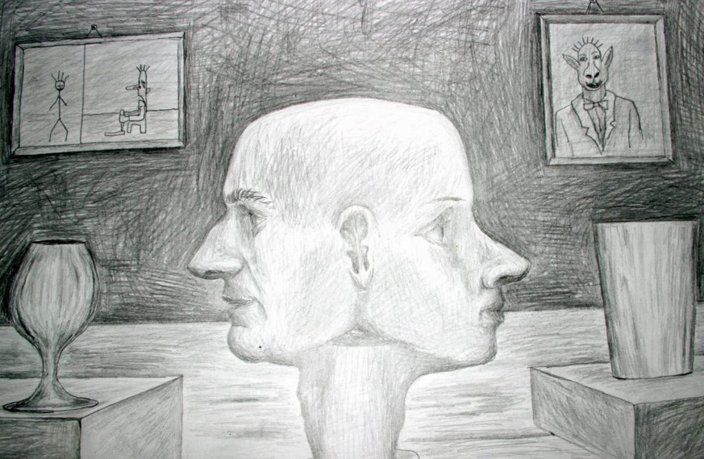 Rysunek wykonany ołówkiem przedstawiający dwie twarze połączone ze sobą tyłem