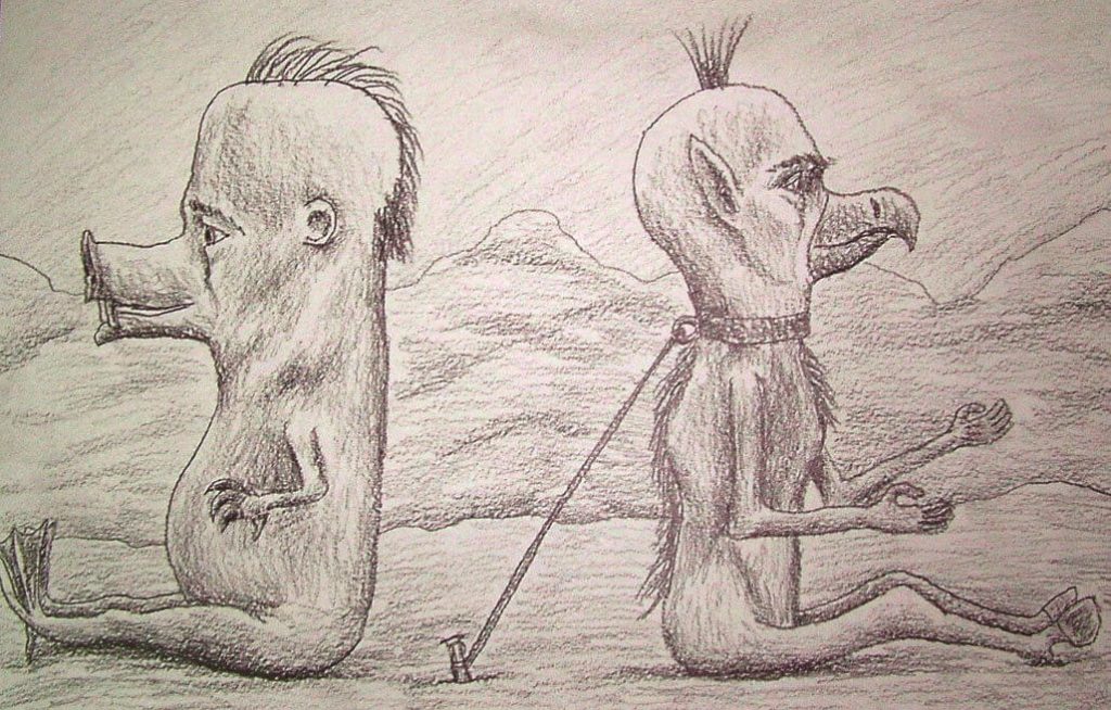 Rysunek wykonany ołówkiem przedstawiający dwie istoty – istota po lewej ma ryj świni, a istota po prawej ma ptasi dziób
