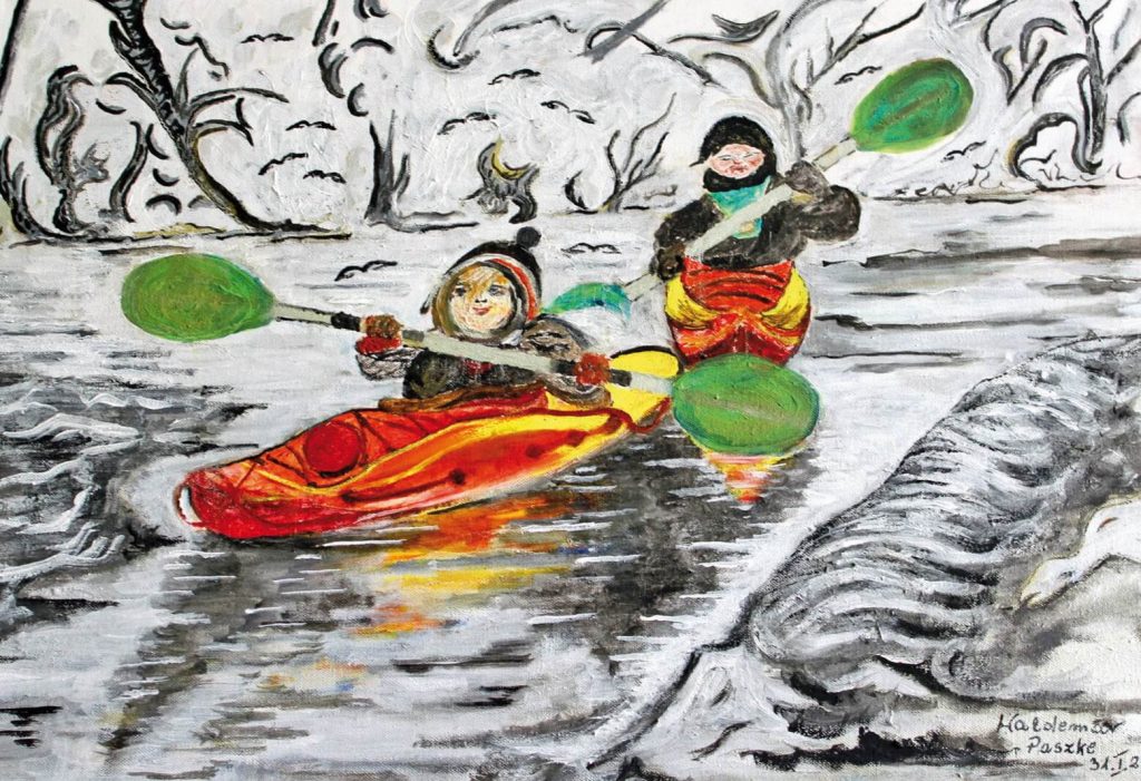 Obraz przedstawiający dwie osoby pływające kajakami w zimowej scenerii