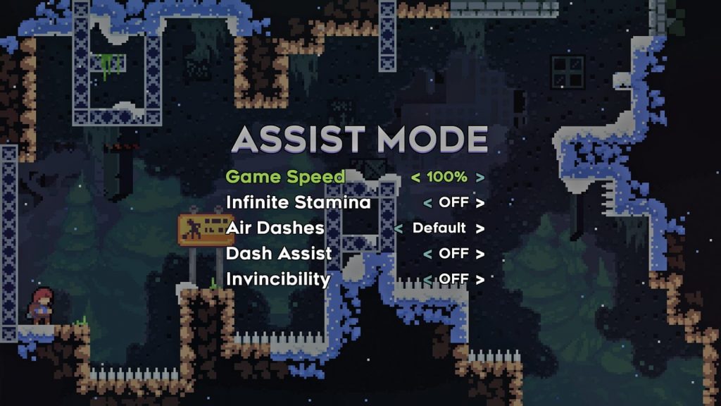 Zrzut ekranu z gry „Celeste” przedstawiający menu trybu asysty