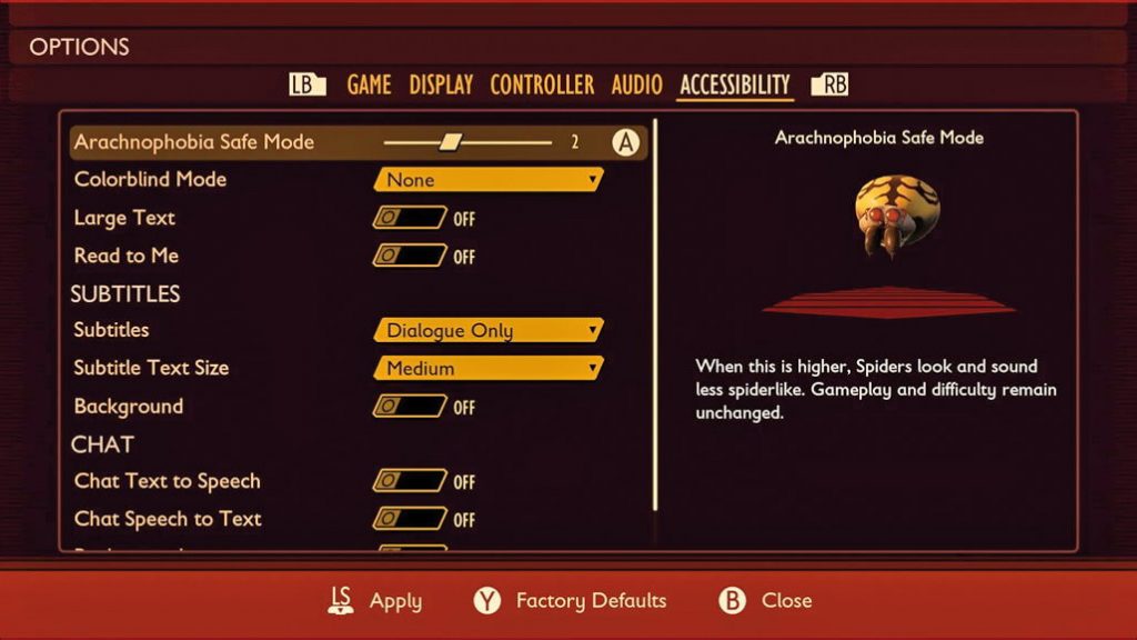 Zrzut ekrany z gry „Grounded” przedstawiający ustawienia trybu arachnofobii