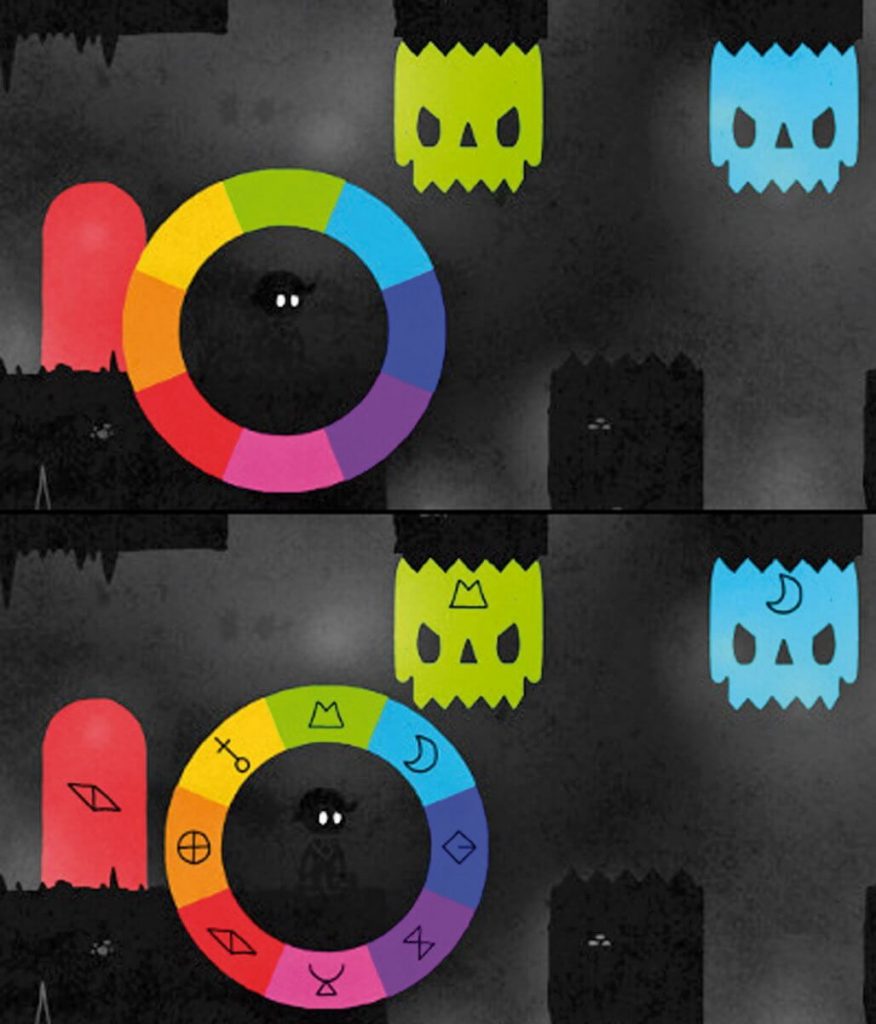 Zrzut ekrany z gry „Hue” przedstawiający symbole wspomagające rozpoznawanie kolorów przez osoby ze ślepotą barw