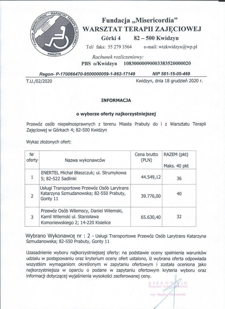 Informacja o wyborze oferty przewozu uczestników Warsztatu Terapii Zajęciowej w Kwidzynie