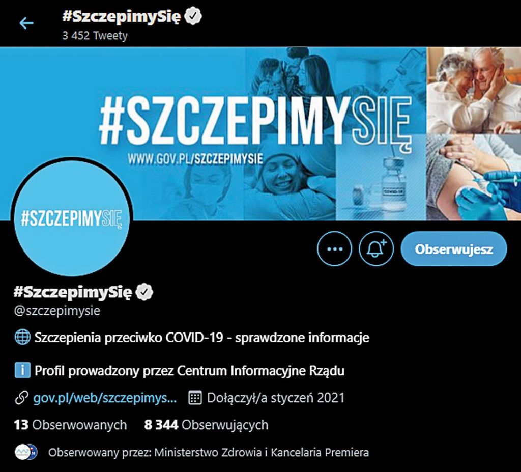 Zrzut ekranu przedstawiający prawdziwe konto Narodowego Programu Szczepień na Twitterze