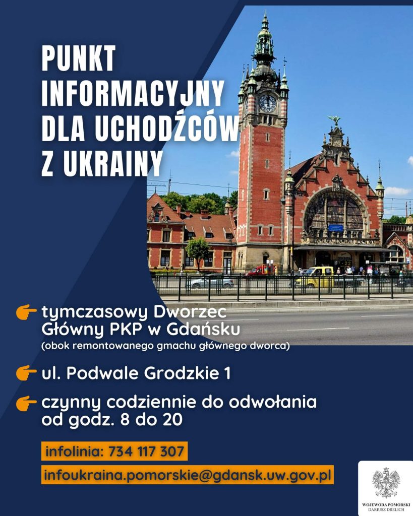 Plakat z informacją o punkcie informacyjnym dla uchodźców z Ukrainy w języku polskim