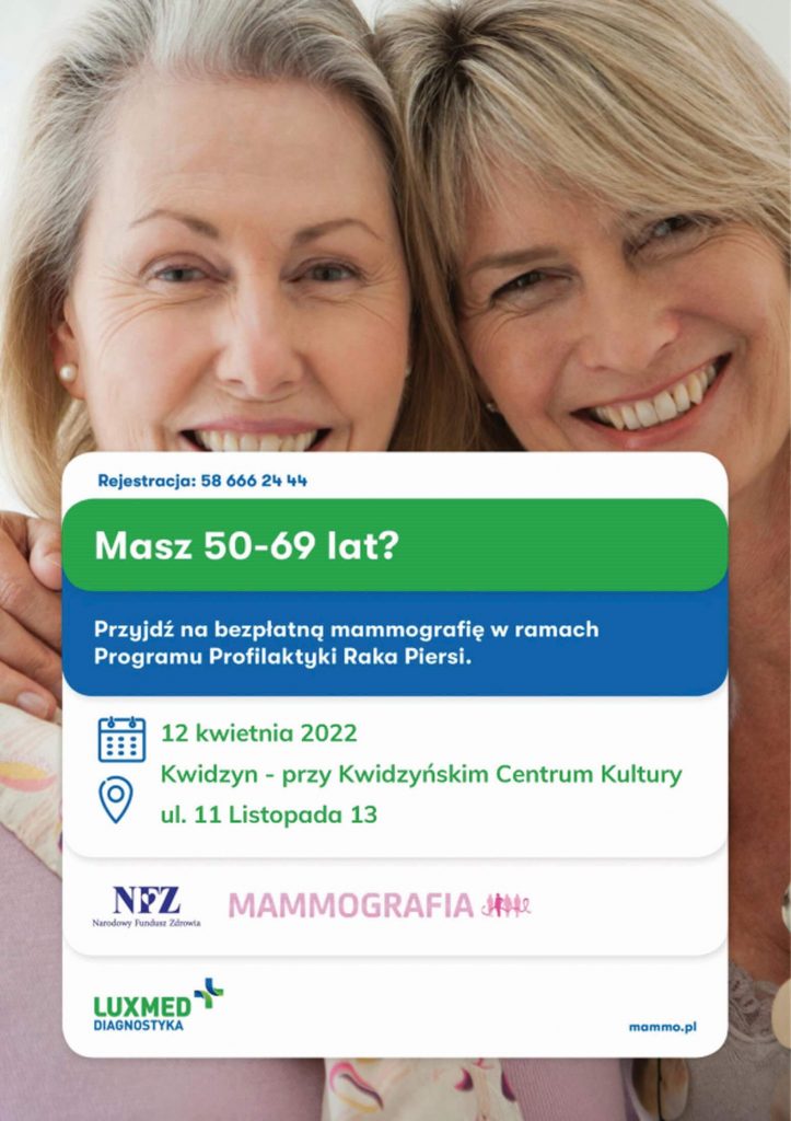 Plakat z informacją o bezpłatnych badaniach mammograficznych