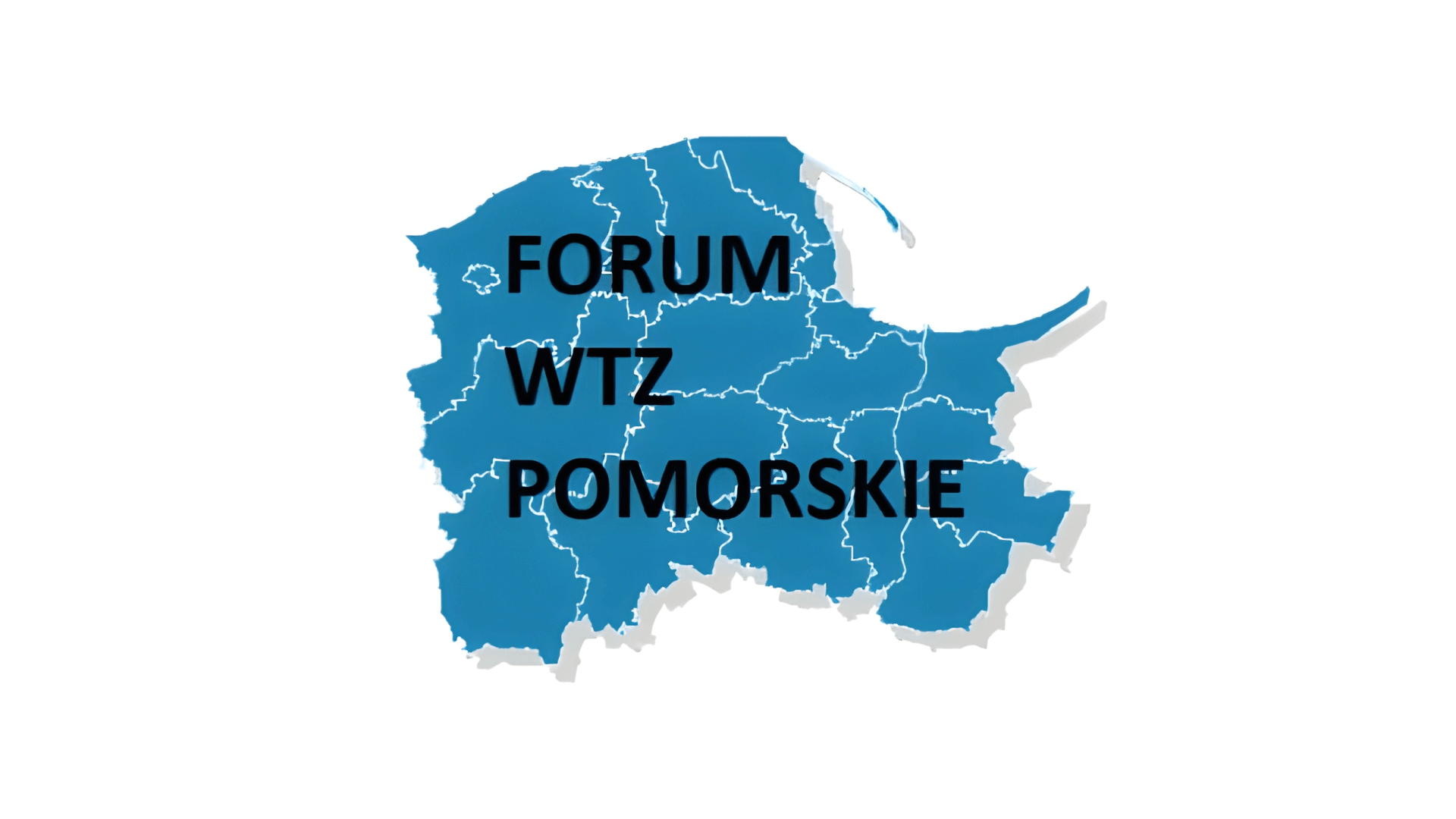 Logo Forum WTZ Pomorskie – napis „FORUM WTZ POMORSKIE” na tle niebieskiej mapy województwa pomorskiego