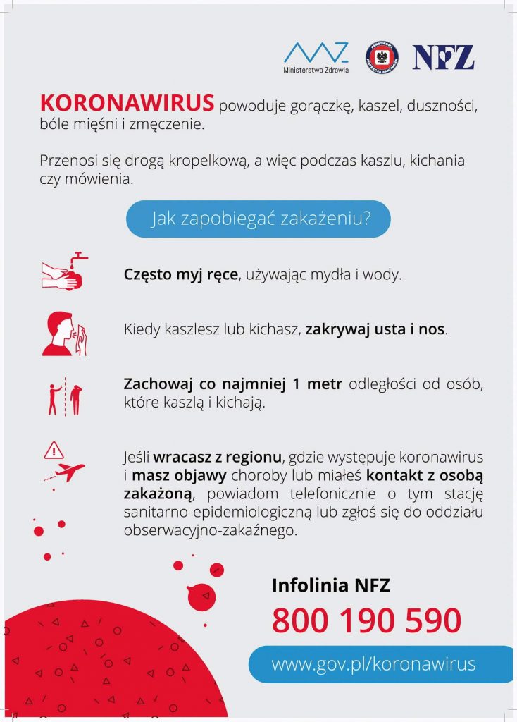 Plakat z poradami jak zapobiegać zakażeniu koronawirusem