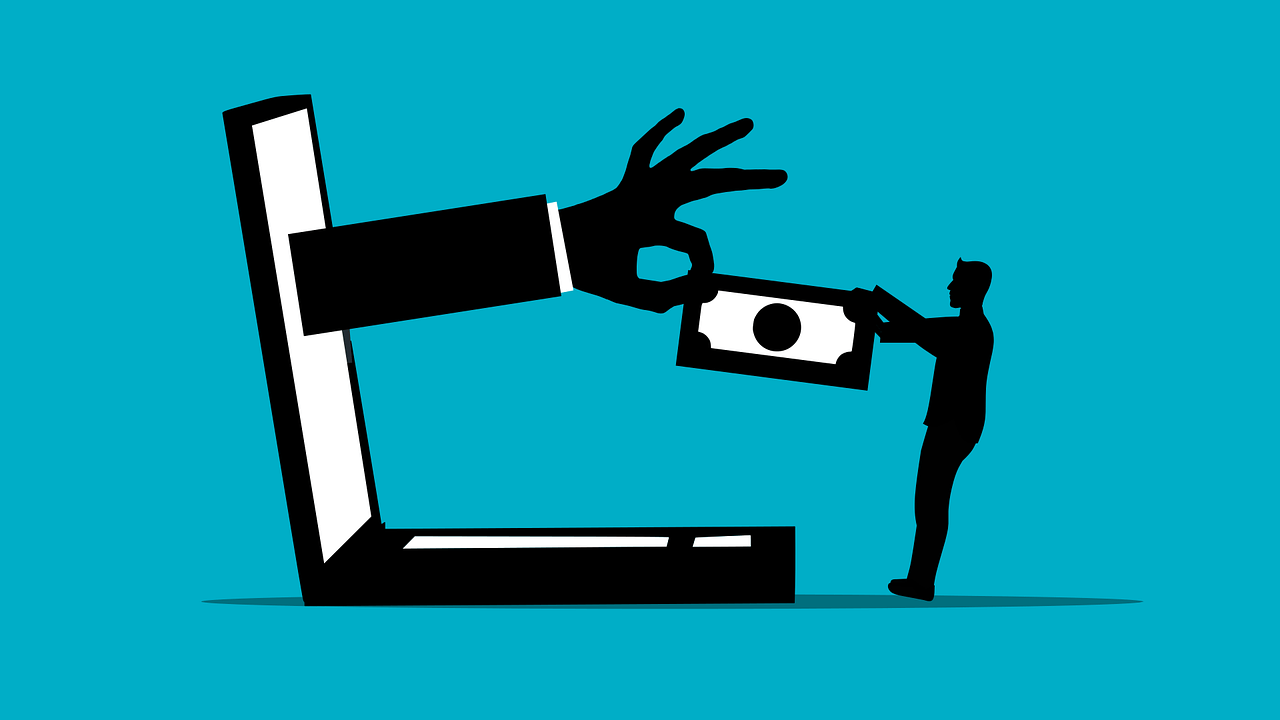 Ilustracja przedstawiająca wysuniętą z ekranu laptopa rękę zabierającą pieniądze mężczyźnie